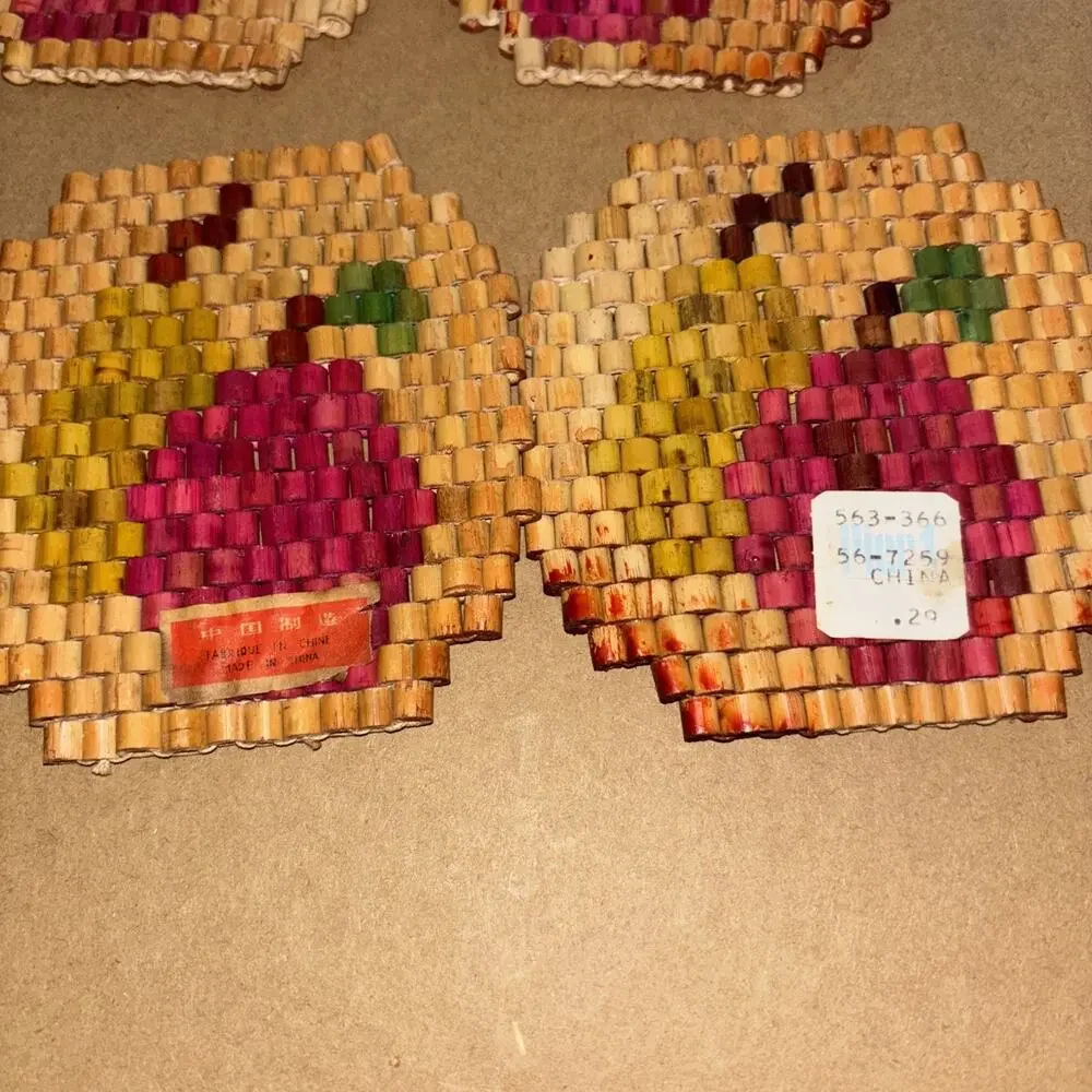 Vintage Bamboo Coasters Set Of 4 Fruit Apples Pears